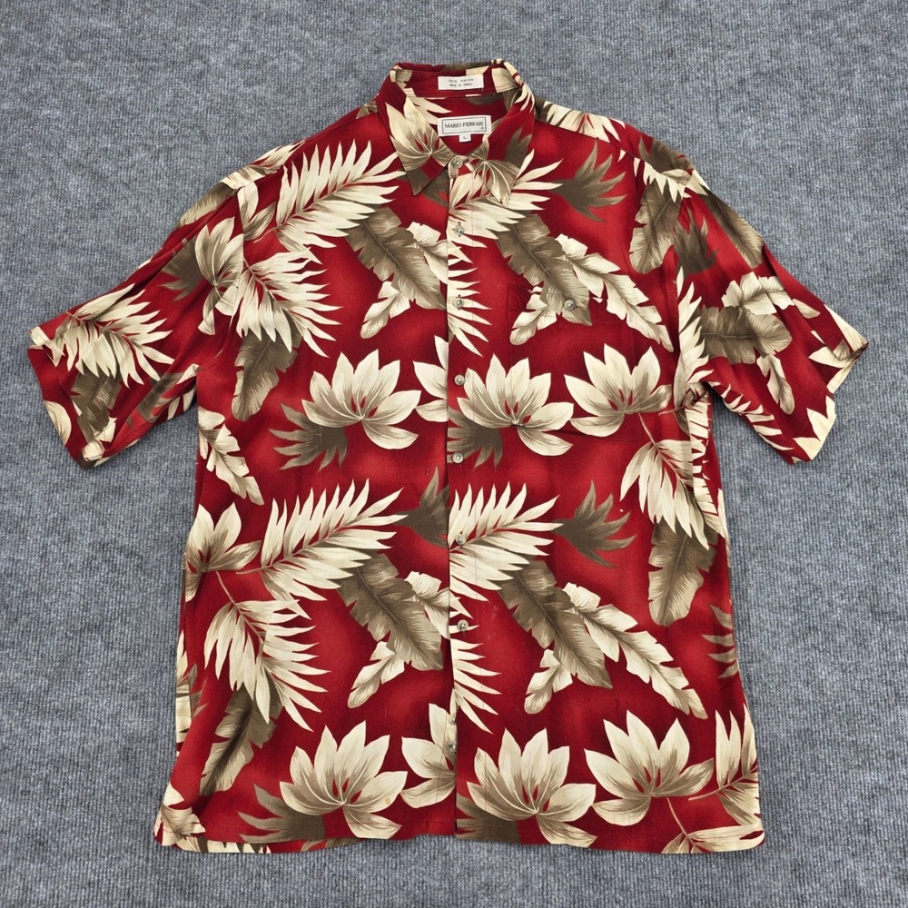 Mario Ferrari Mens Large Red Tropical Rayon Short Sleeve Hawaiian Button Shirt